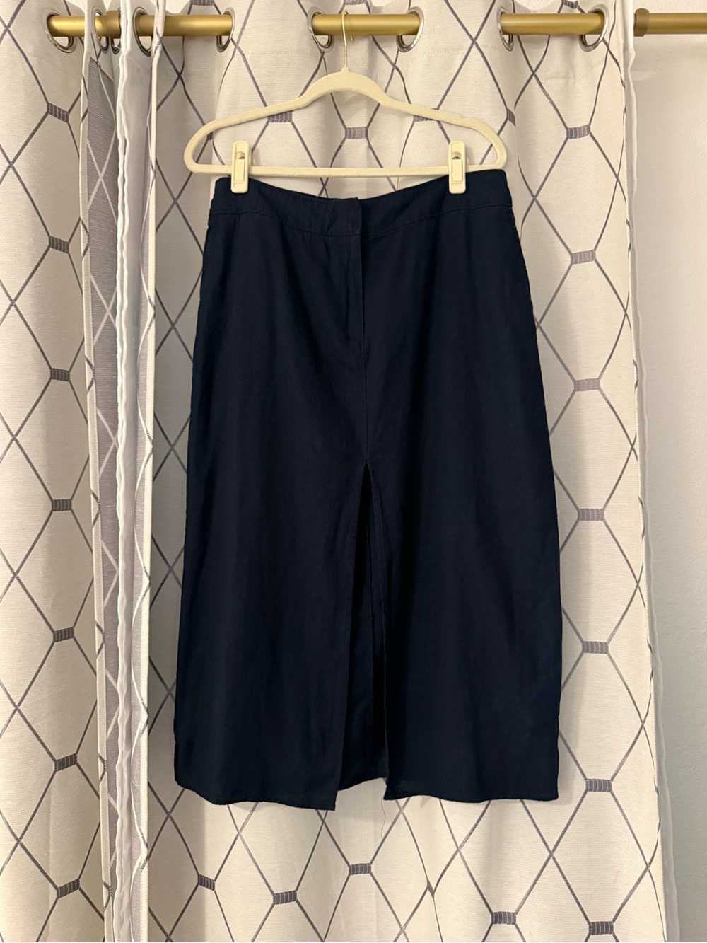 Zara Women’s Navy Blue Linen Blend Midi Skirt Pockets Size XL